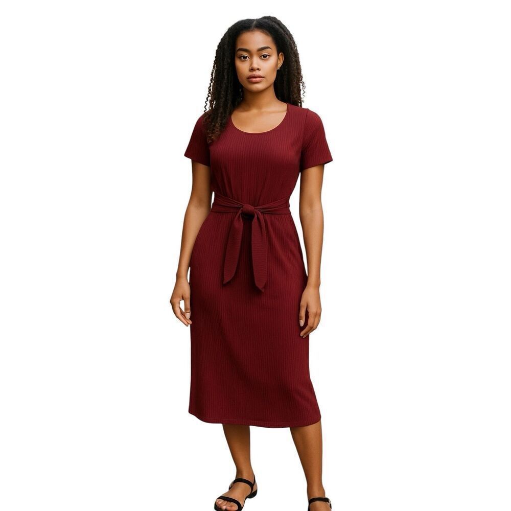 Ribbed Tie Front Midi Dress Burgundy Size Small